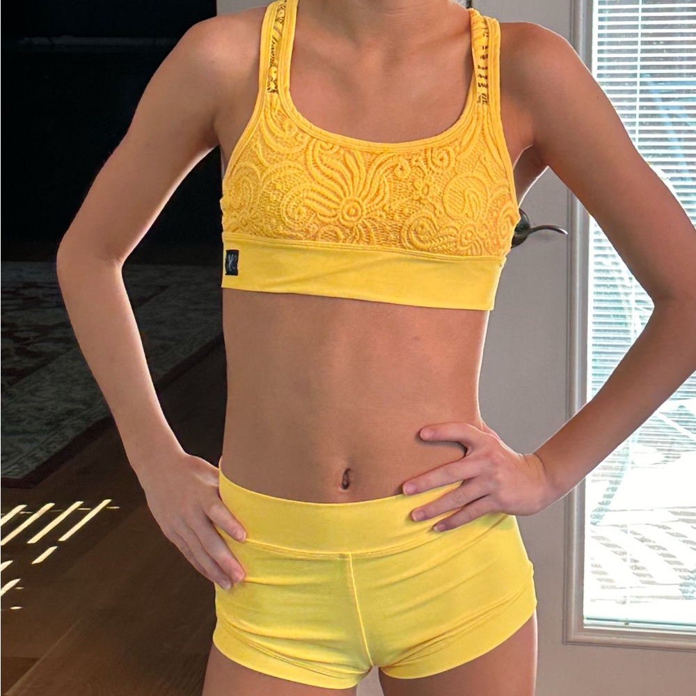 Kandi Kouture Yellow Lace Sports Bra and Shorts Set